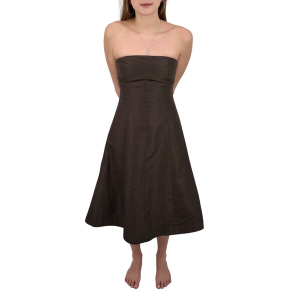 VTG 90s J.Crew Brown Silk Strapless Midi Dress | Elegant Tulle Lined A-Line Gown - Picture 12 of 16